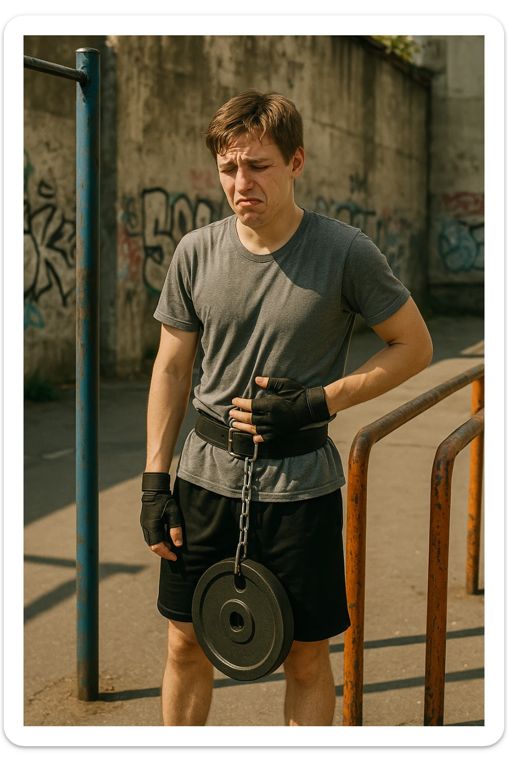 Giovane atleta neofita, fisico normale e non ancora sviluppato, si allena per la prima volta in uno spazio urbano per streetlifting: sbarra per trazioni, parallele, e pesi appesi alla cintura. Ma si è infortunato perchè non faceva le cose con la giusta tecnica. sticker