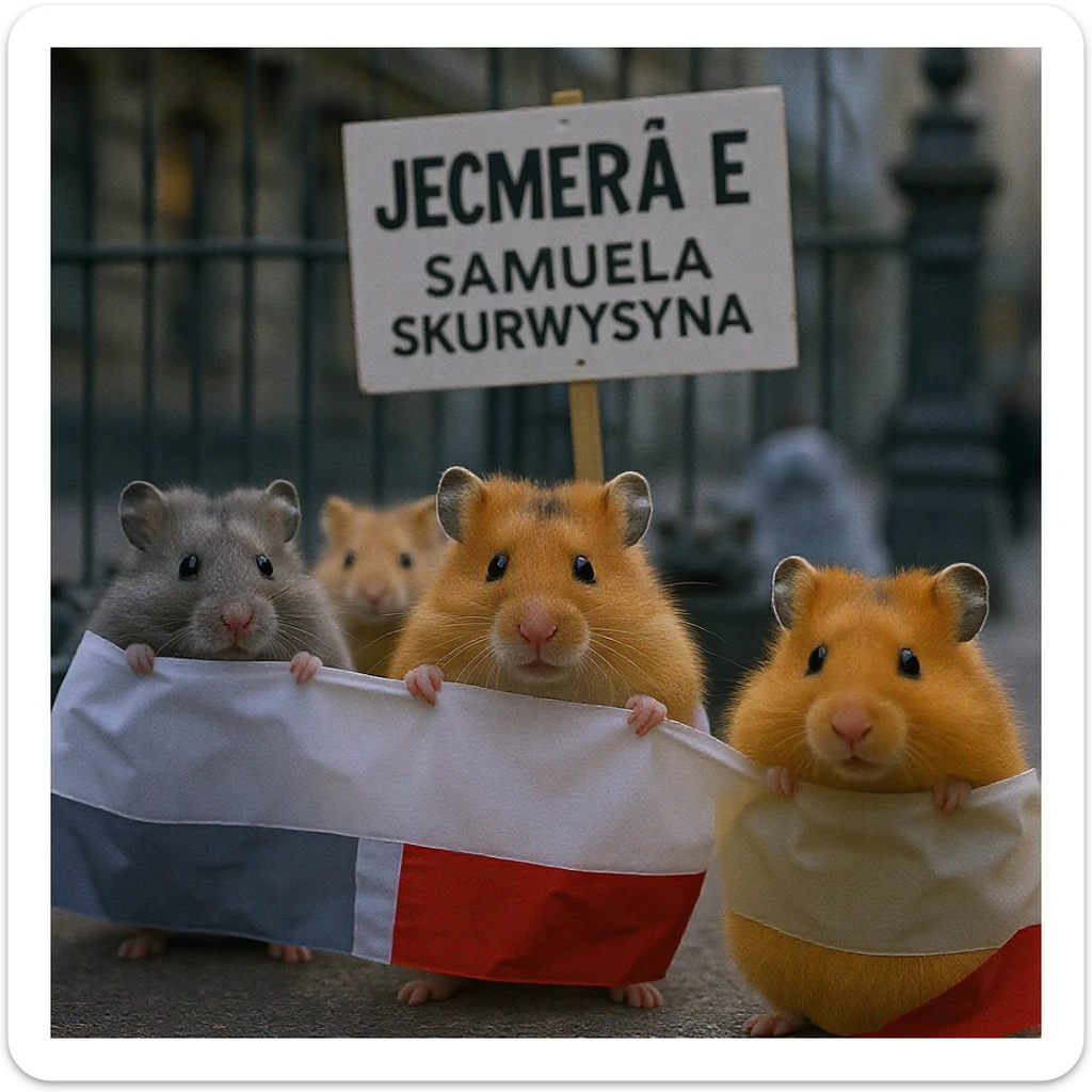 Cinematic shot of a group of hamsters takes over polish sejm. some of them has signs with "jebać samuela skurwysyna". sticker