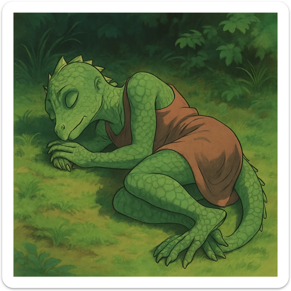 a Reptilian alien woman, full body, sleeping, in a different artistic style, ghibli style, detailed, imaginative sticker