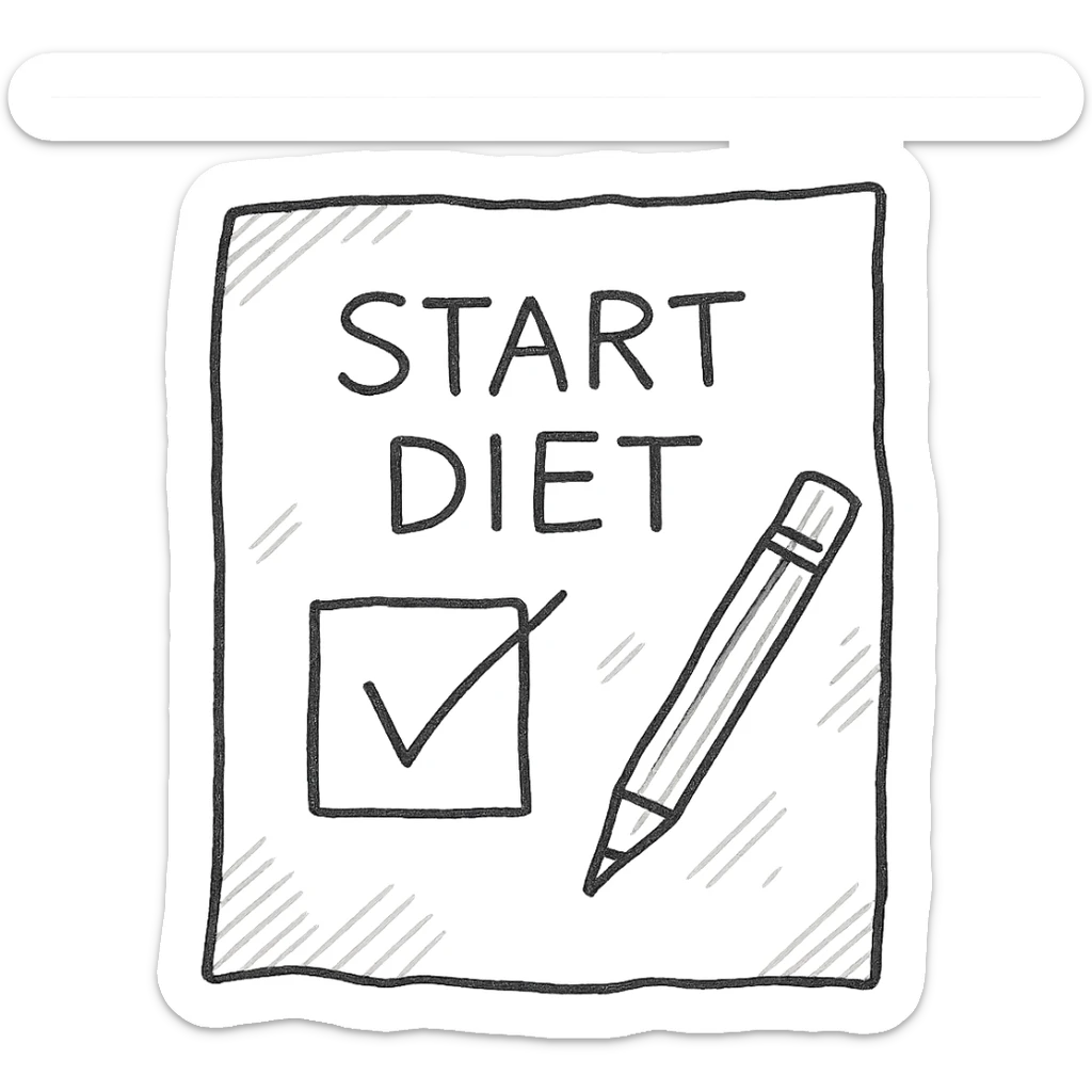 step iniziale di una dieta, disegno a penna stile schemino su un foglio di carta bianco realistico, isolato su sfondo bianco sticker