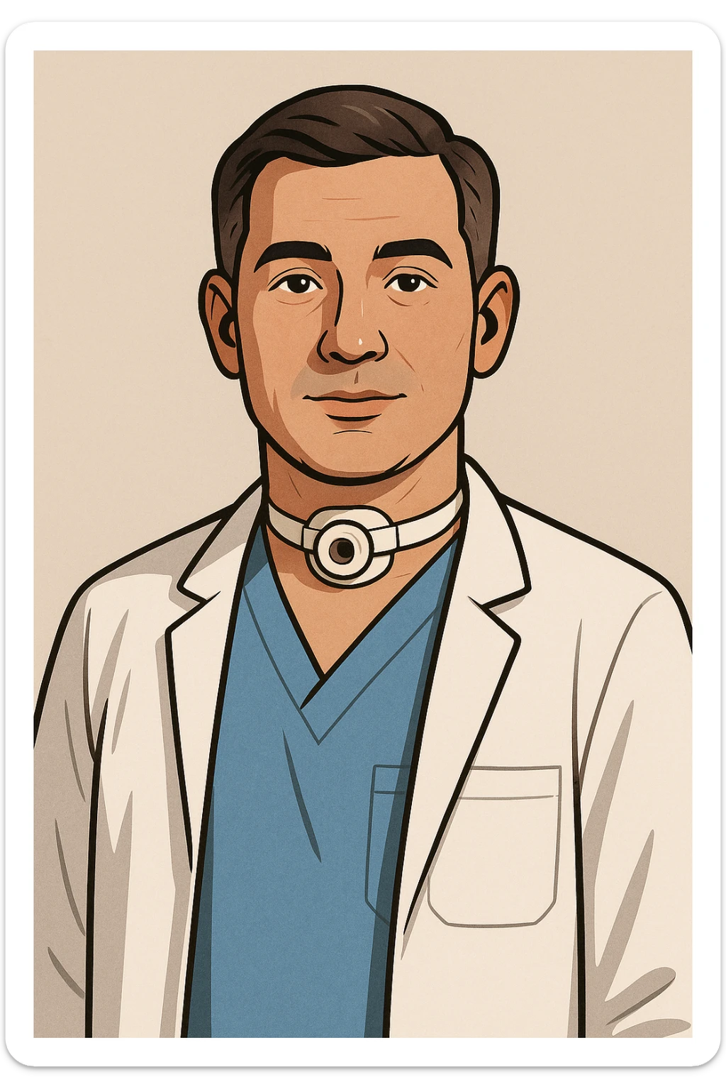 doctor with a visible tracheotomy tube, medical uniform, clear facial features, neutral background, modern illustration sticker