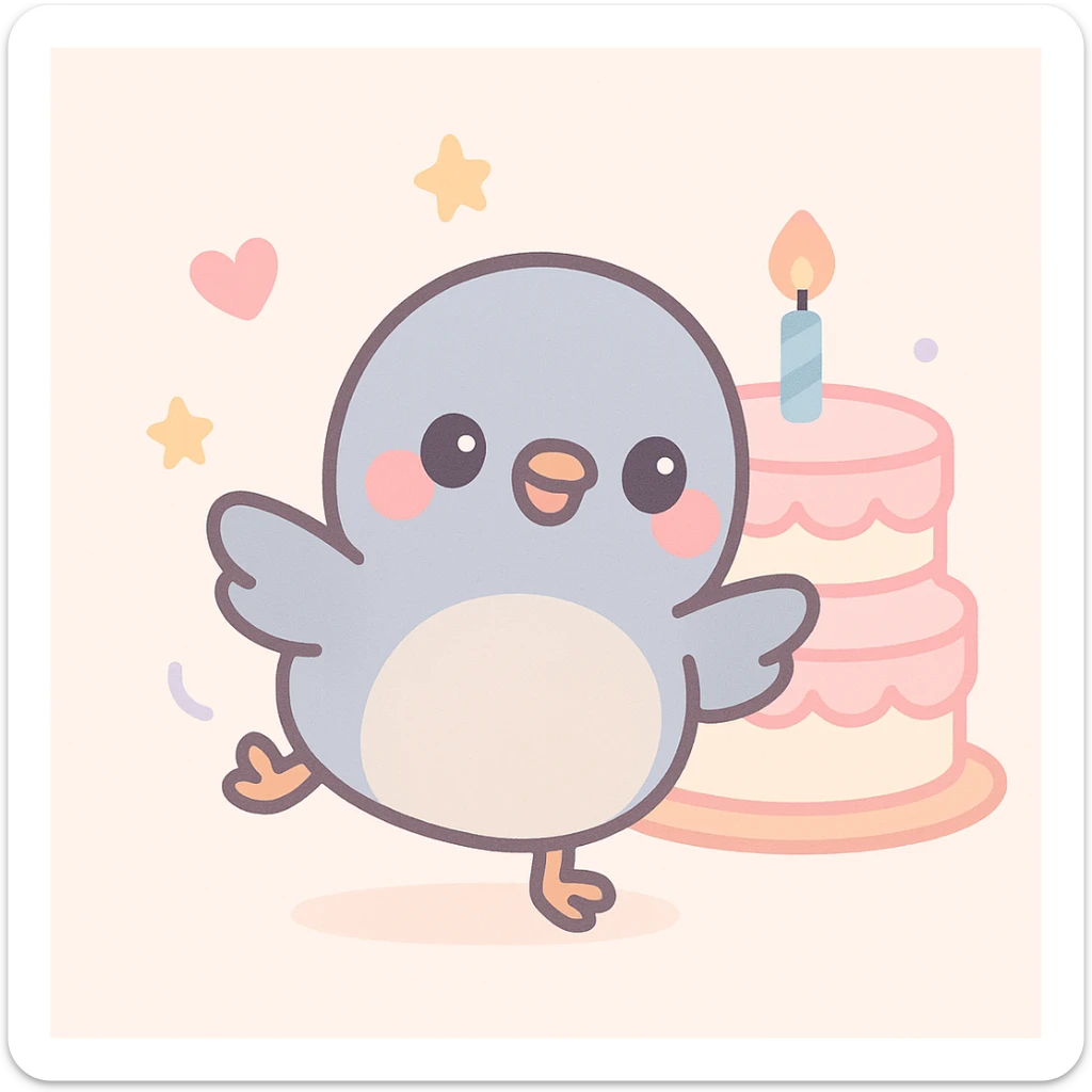 baby pigeon happily dancing in front of birthday cake, round and cute style, soft pastel tones sticker