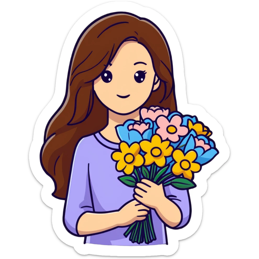 cool girl with long brown hair and fair skin holding a bouquet of flowers, stylish sticker