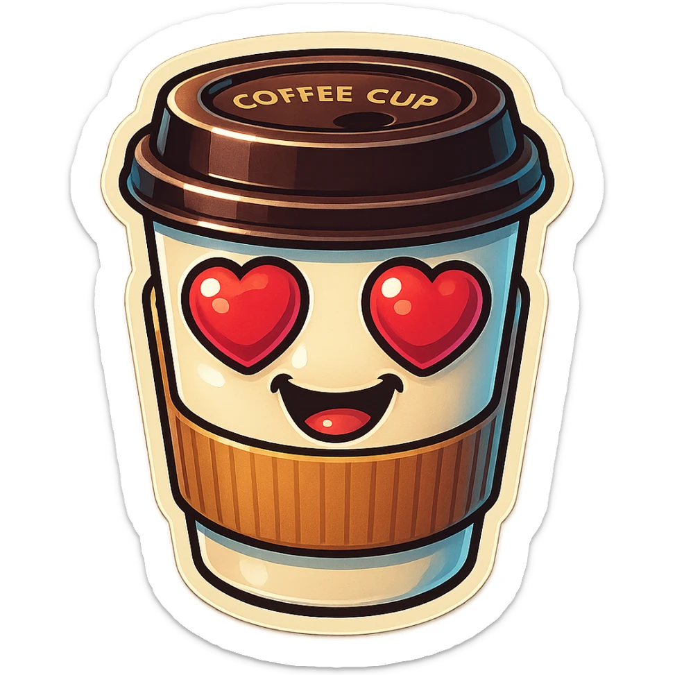 Ink wash style, coffee cup creature, big heart eyes, dopey smile sticker