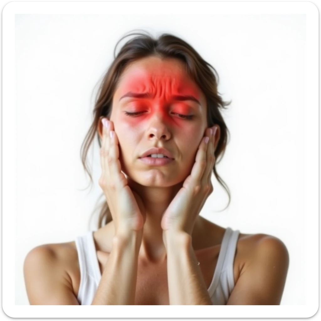 front view of a woman, head and upper shoulders only, head area highlighted in red for headache, suffering expression, realistic style, white background sticker