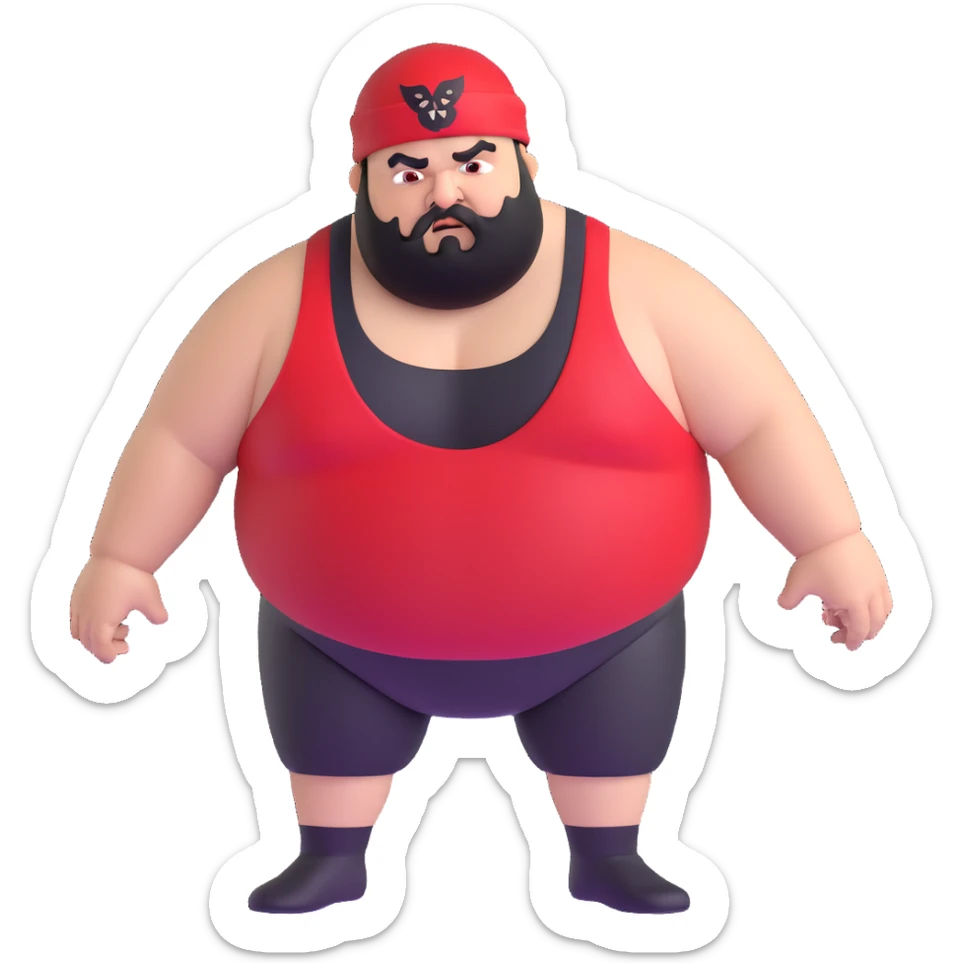 Extreme close-up of face of morbidly obese white skin guy with young face, prominent BLACK DURAG tied clearly on head, distinct black beard and mustache, black eyes in a red and black wrestling singlet with angry expression sticker