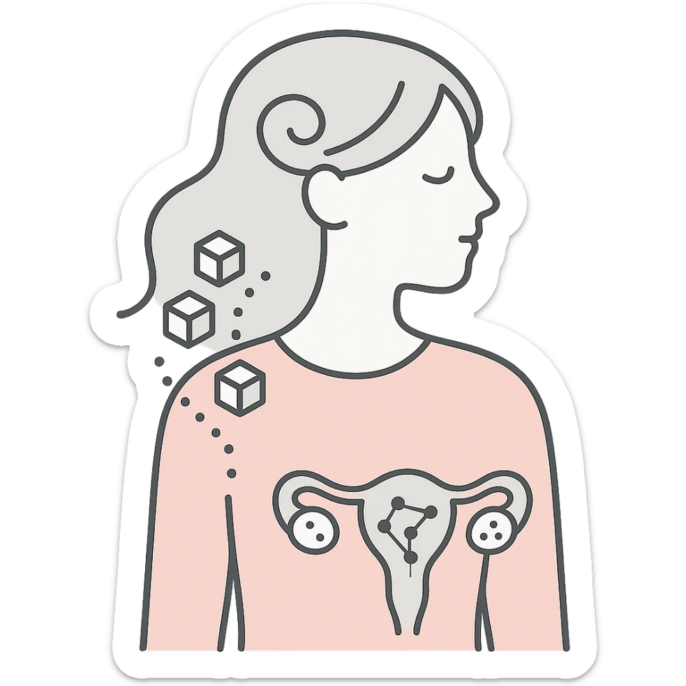 minimalist pastel art of a woman's silhouette with abstract PCOS symptoms inside including swirling hair, sugar cubes in bloodstream, constellation-like ovaries sticker