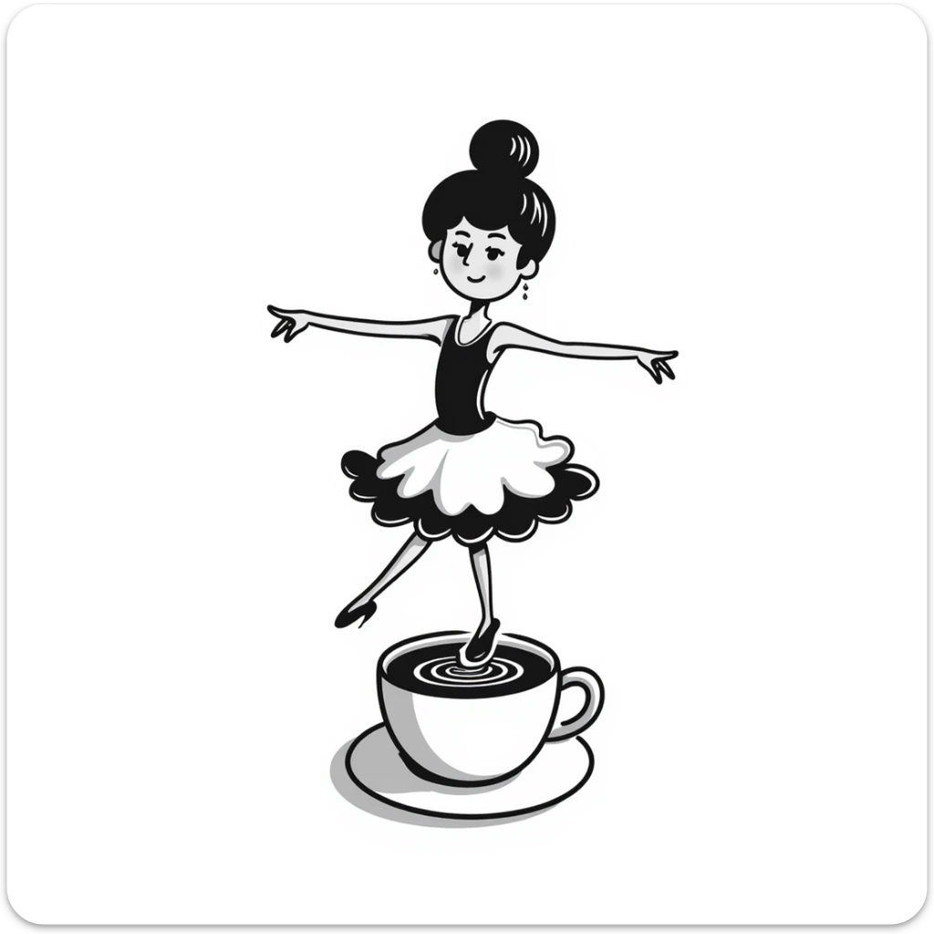 Elegant ballerina dancer formed from cappuccino foam art, pirouetting on top of coffee sticker