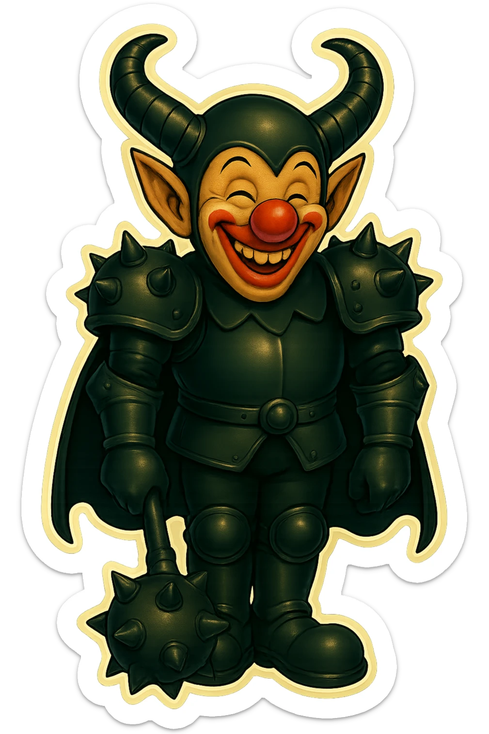 A menacing but jovial armored clown with ram horns, glossy black on matte black armor, short cape hanging straight down, large but not comically oversized black clown shoes, standing relaxed with feet close together, arms down, oversized spiked mace hanging to the ground, eyes barely open, smiling and looking cheerful, vibrant retro stickers style, no yellow aged tint, full body, transparent background. sticker