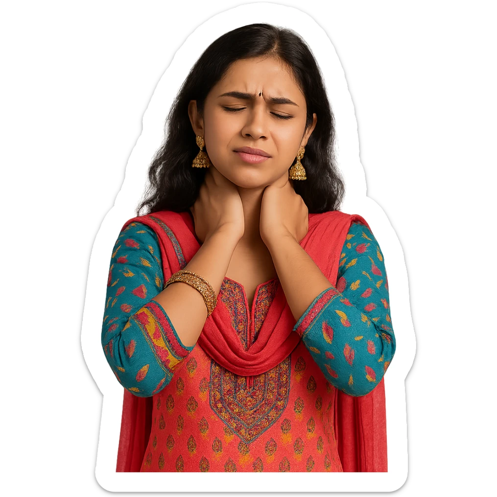 A young woman in salwar kameez, holding her neck with both hands, traditional jewelry, colorful, no background sticker