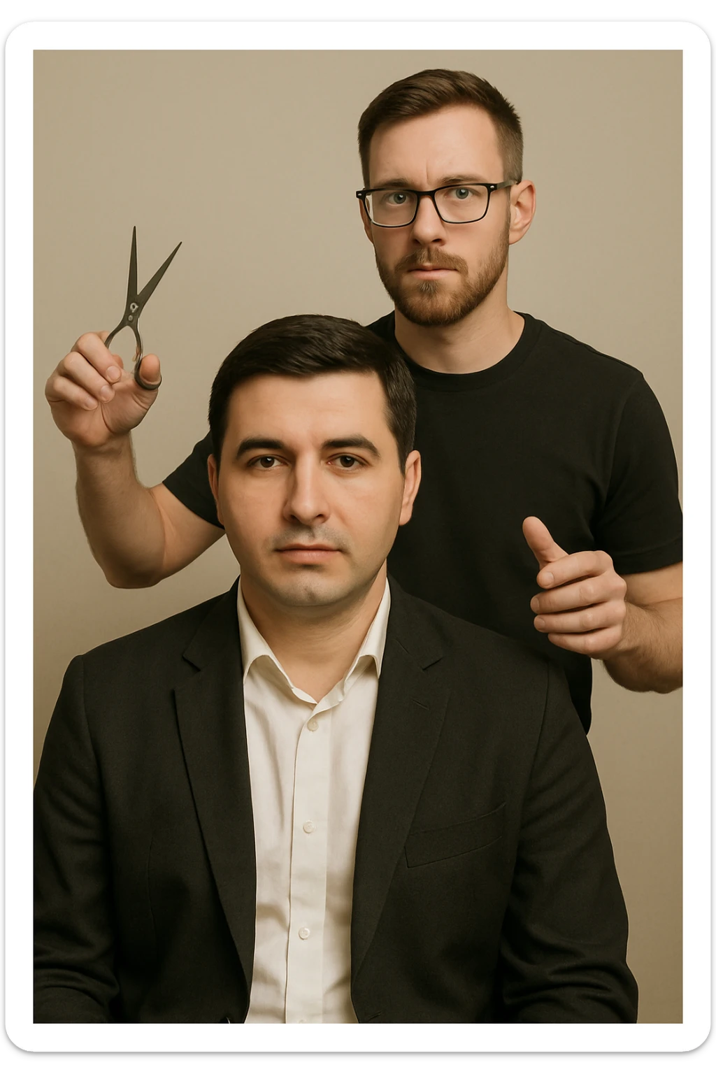 manashu akani yuzlaridan foydalanib sartarosh chizib bergin u soch olishga tayyor turganini chizib ber old rakursda bulsin mijoz tugriga qarab utirganini va sartarosh uni orqasida turib bitta ulida qaychi, ikkta quli bilan tayyorgarlik kurib turganini chizib ber xuddi 1,2,3 boshladik degandey birdaniga ishga kirishib ketadigan dek tayyor bulib tursin sticker