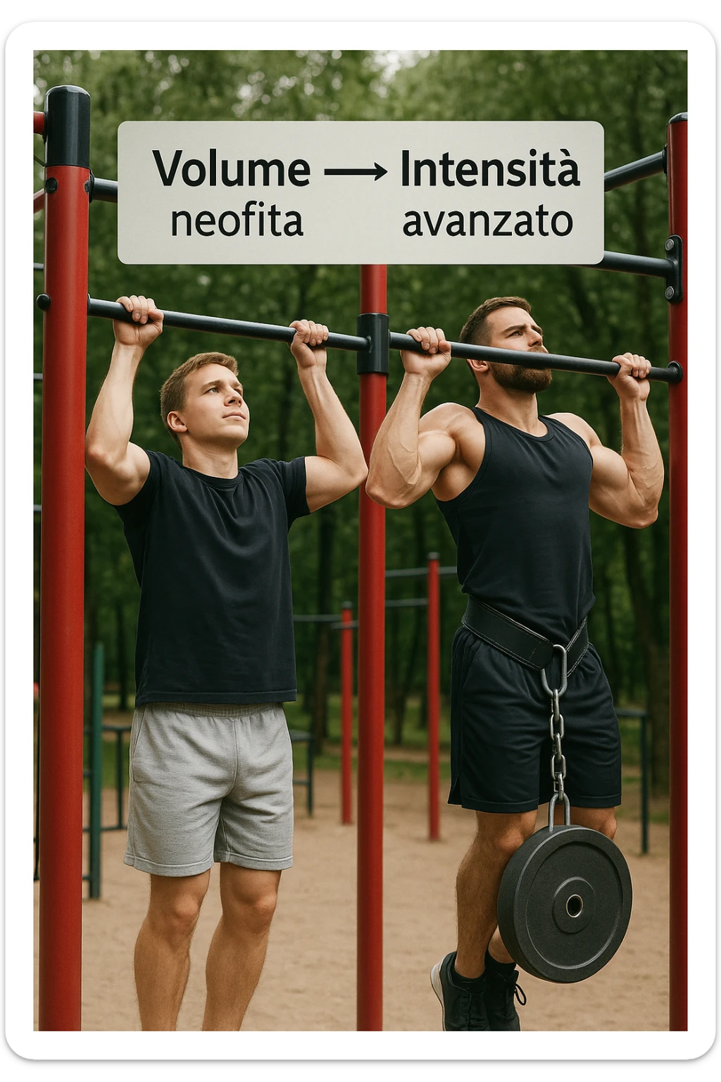Due atleti fianco a fianco in un parco attrezzato: a sinistra il neofita che fa 10 trazioni leggere con concentrazione, a destra l’atleta avanzato con cintura zavorrata che fa 3 ripetizioni lente e pesanti. Tra loro, grafico sospeso in aria che mostra: 'Volume → neofita | Intensità → avanzato'. Stile realistico con elementi educativi visivi in italiano sticker