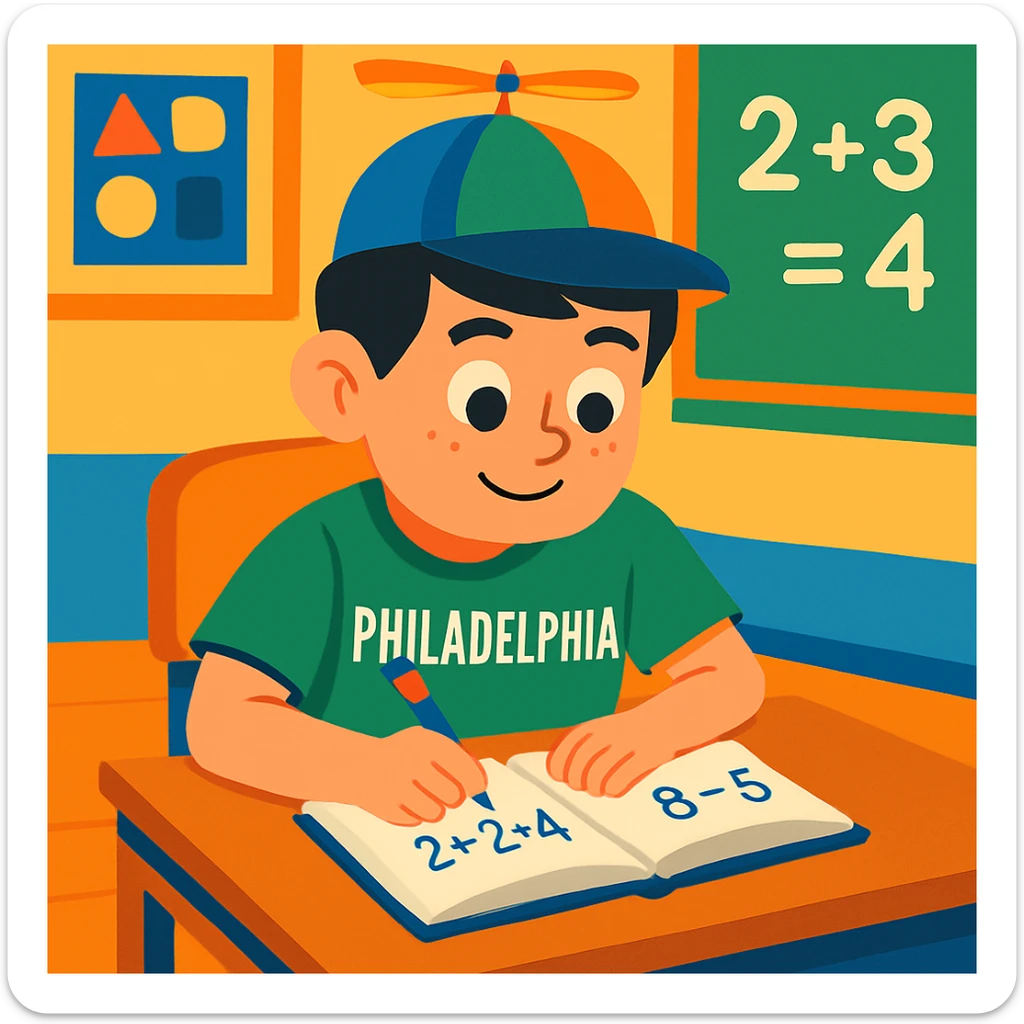 Change Little Johnny's hair to dark brown or black, keeping the rest of the scene the same: propellor hat spinning, Philadelphia sports shirt, at a math classroom desk, neatly working, positive and studious atmosphere, cartoon style. sticker