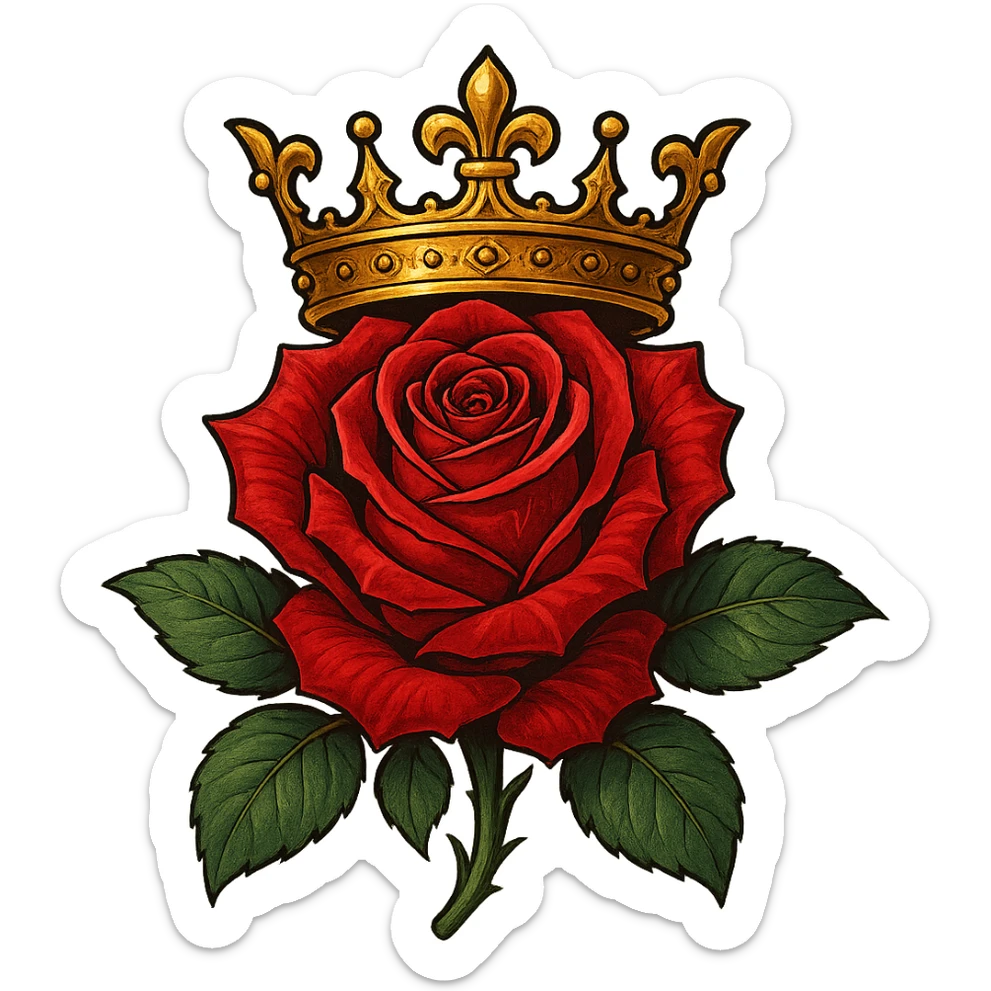 a rose with a golden crown on top, detailed, elegant and regal, vibrant colors, stylized sticker