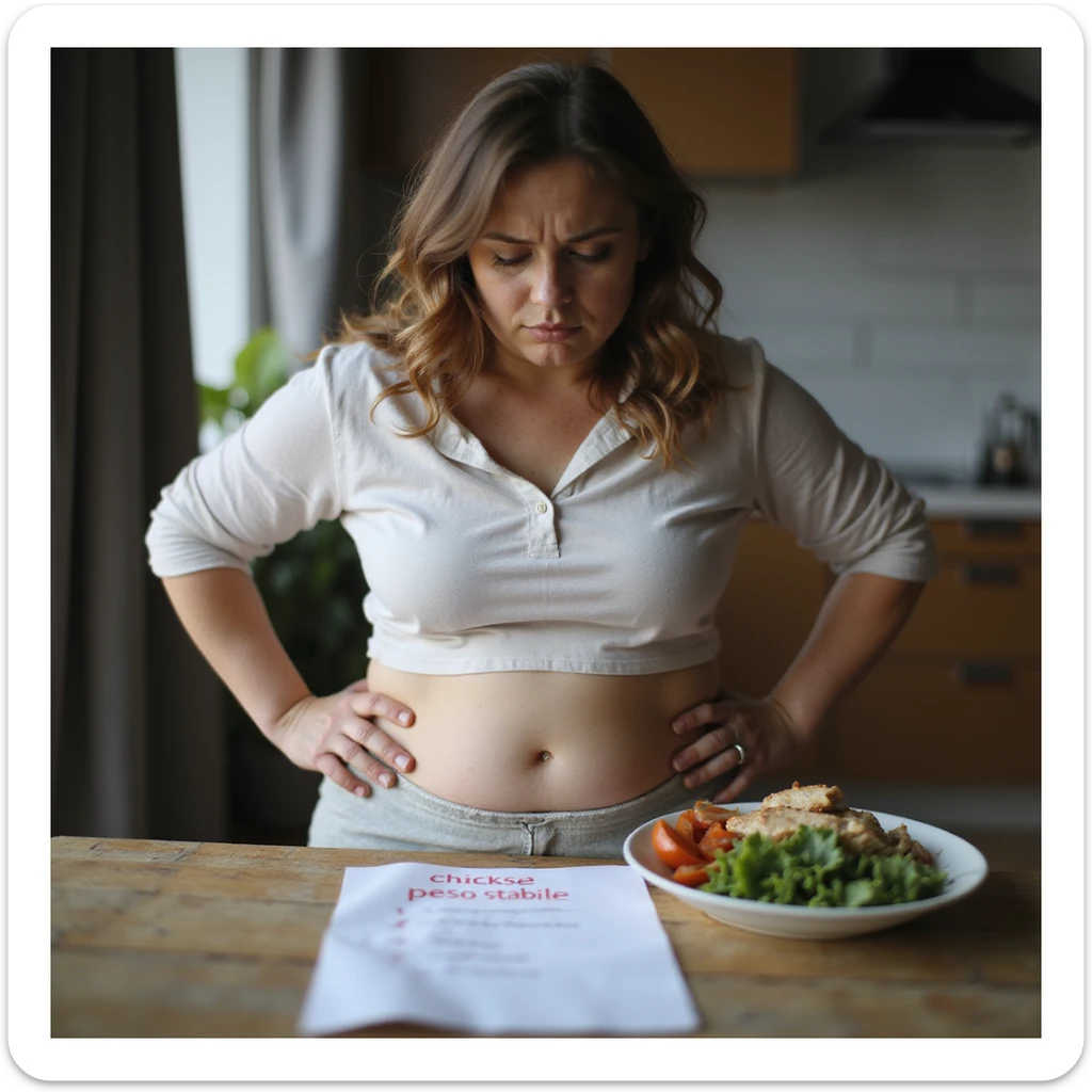 hyperrealistic 4K detailed image of a woman with PCOS, overweight body on abdomen and hips, sitting at a table with a plate of healthy food (salad, chicken, vegetables), list of diet or exercise attempts on the table with the phrase 'peso stabile' highlighted in red, disappointed expression sticker
