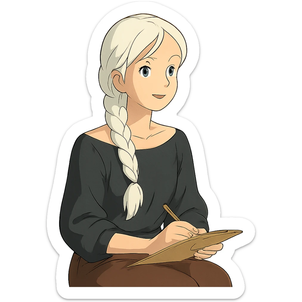 female therapist, youthful, long white braided hair, black off-shoulder blouse, sitting pose, ghibli style sticker
