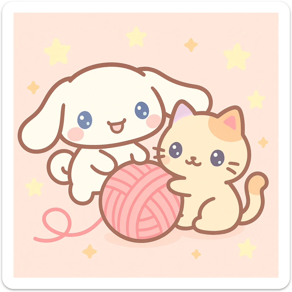 Cinnamoroll and a cat playing with a ball of yarn, kawaii style, gentle colors, happy mood sticker