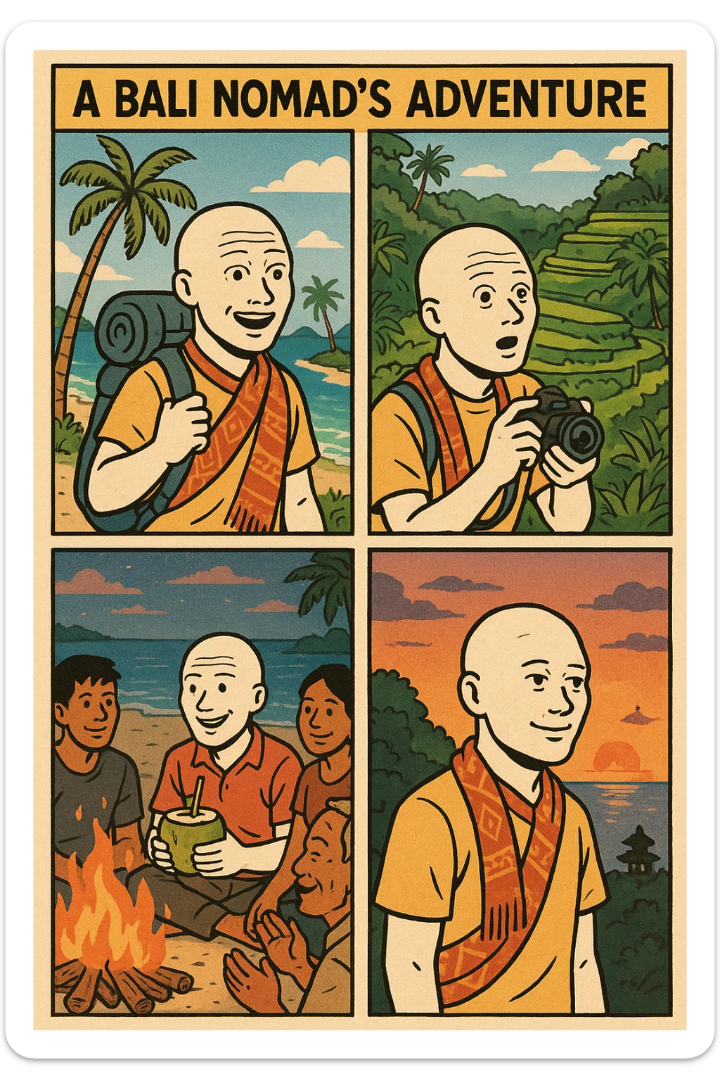 Create a wojak-style comic book with four panels, telling the story of a bali nomad's adventure sticker