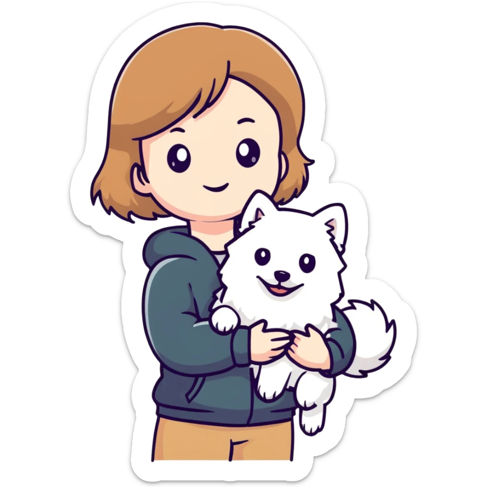 light brown hair girl with pale skin holding a white Japanese spitz dog sticker