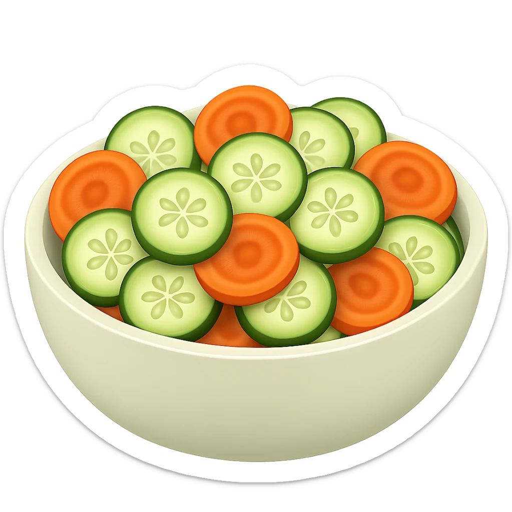 Add cut carrot slices to the cucumber salad in a bowl. The style should resemble emoji style with no background. sticker