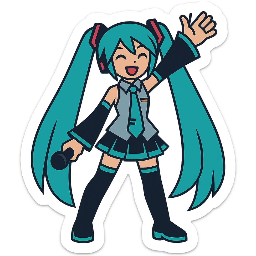 Hatsune Miku, teal twin tails, futuristic pop idol, vibrant, full body sticker