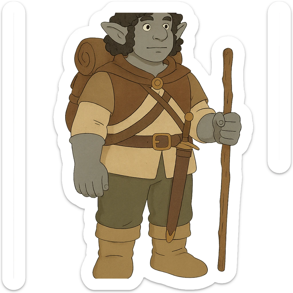 ghibli style DnD firbolg with grey skin and black curly hair, no background sticker