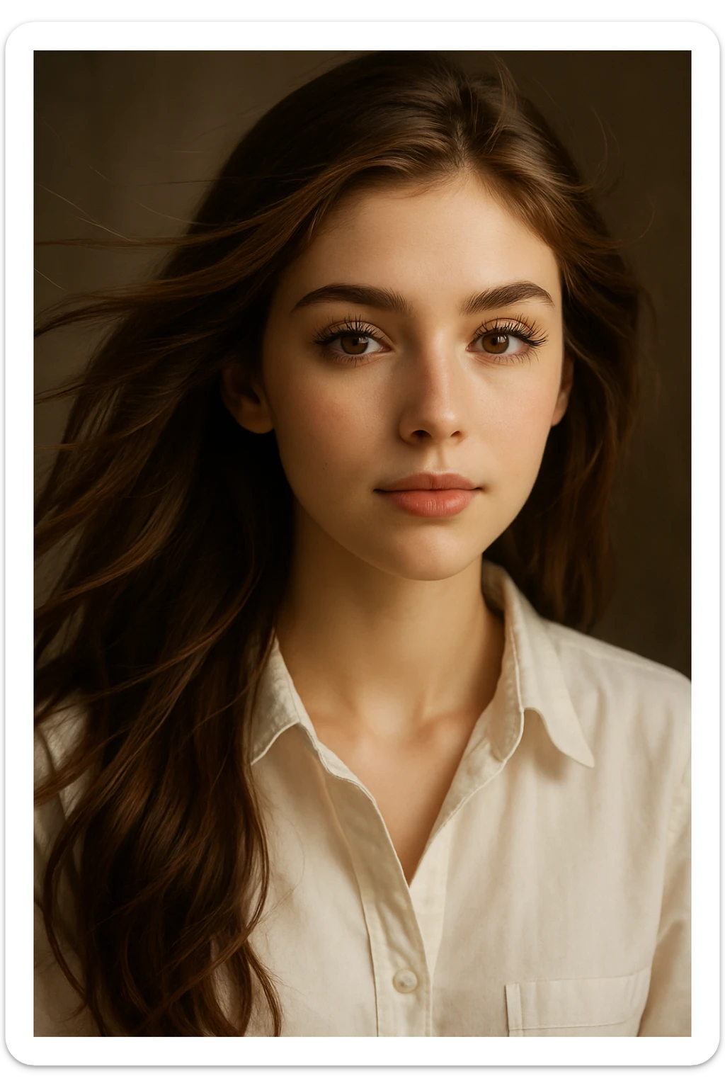 girl with flowing brown hair, white shirt, long eyelashes, pretty face, portrait, detailed, beautiful lighting sticker