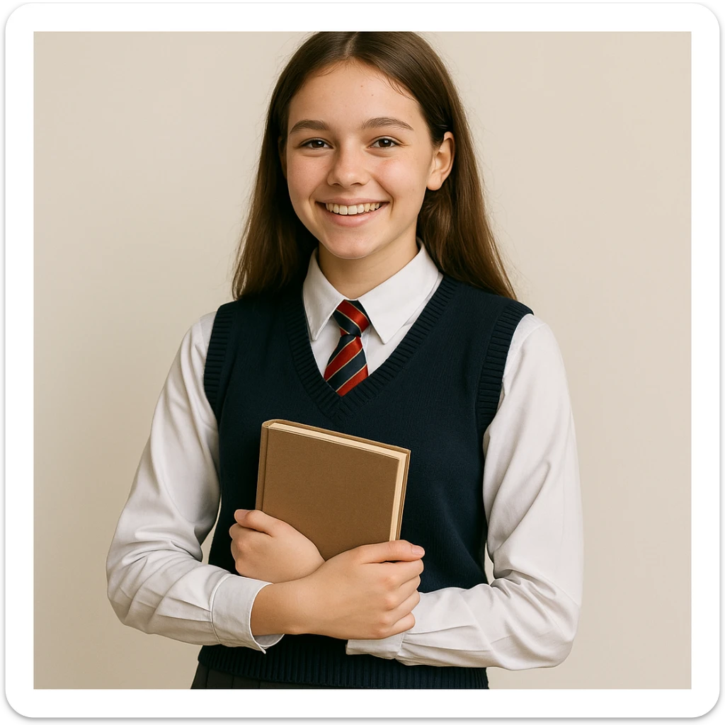 teenage girl in a classic school uniform, smiling, holding a book sticker