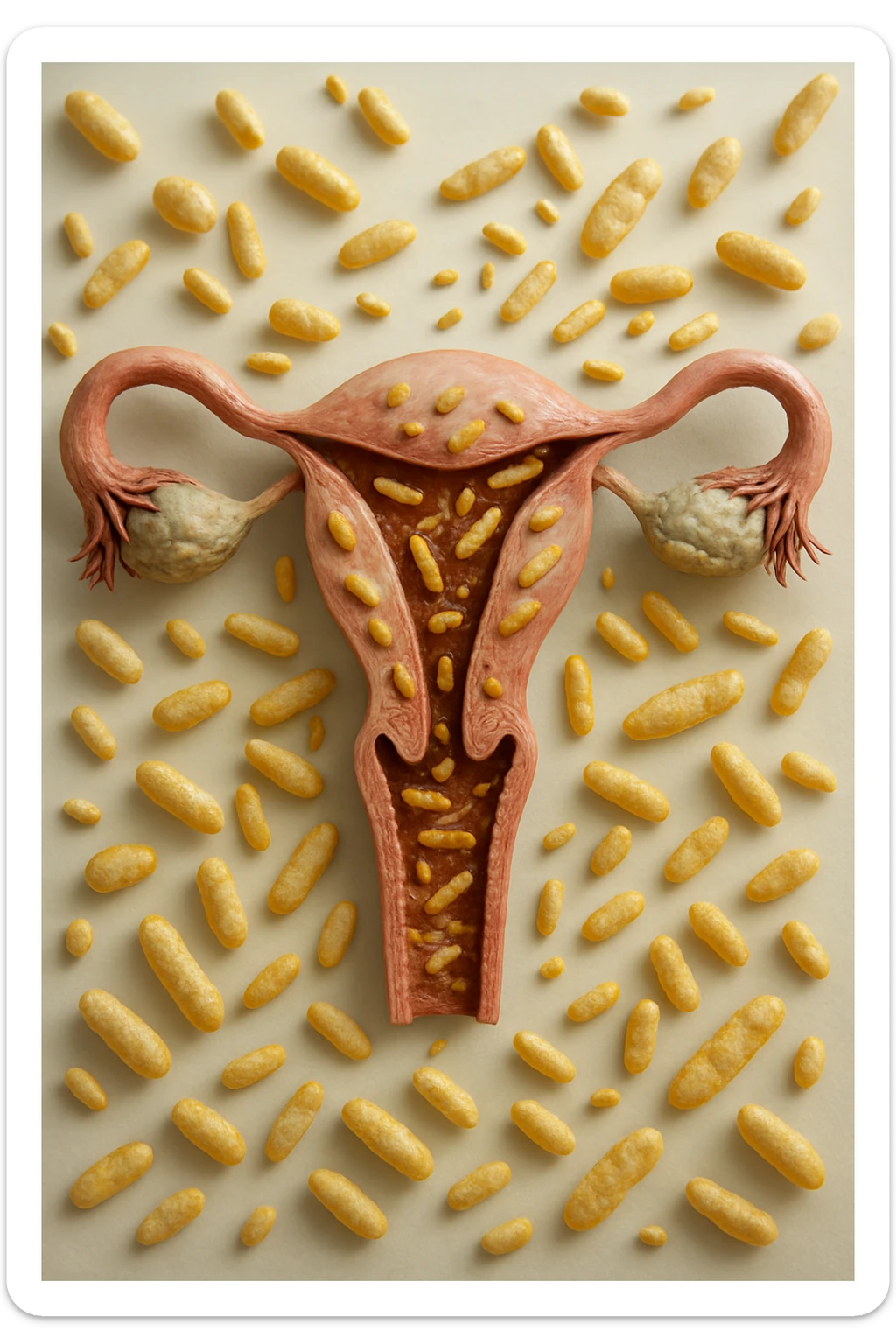 utero umano realistico con batteri della candida intorno, la foto si deve vedere per intero in formato verticale, sullo sfondo neutro chiaro ci sono batteri della candida, iperrealistico 4k sticker