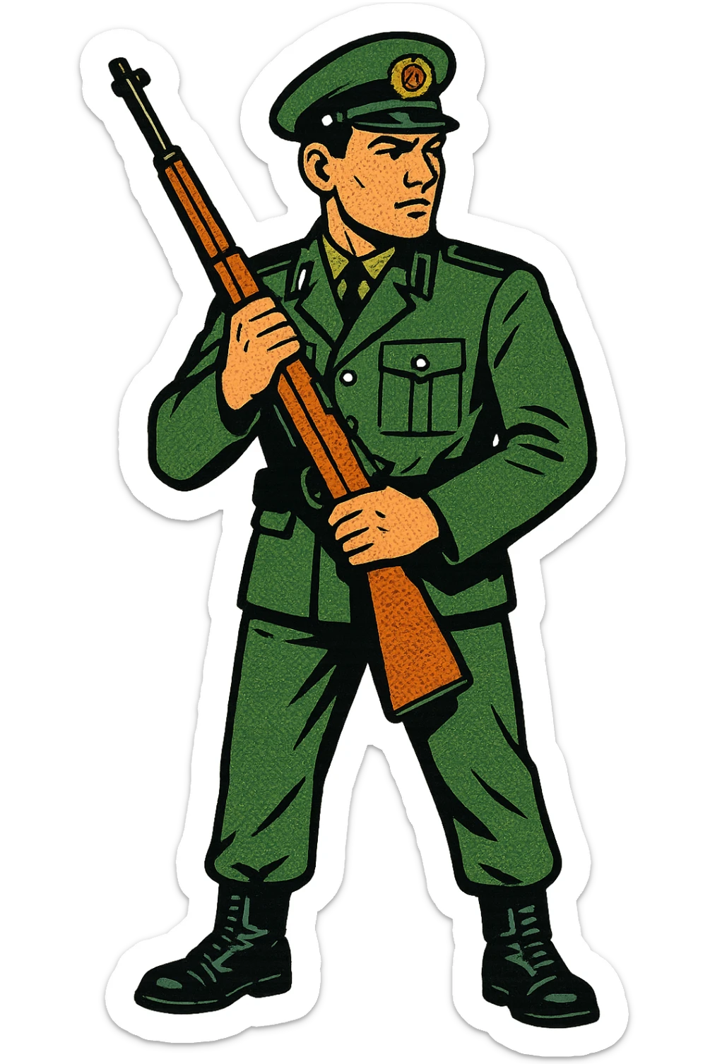 The full body of an east German soviet border guard holding a 1950s rifle close to his body sticker