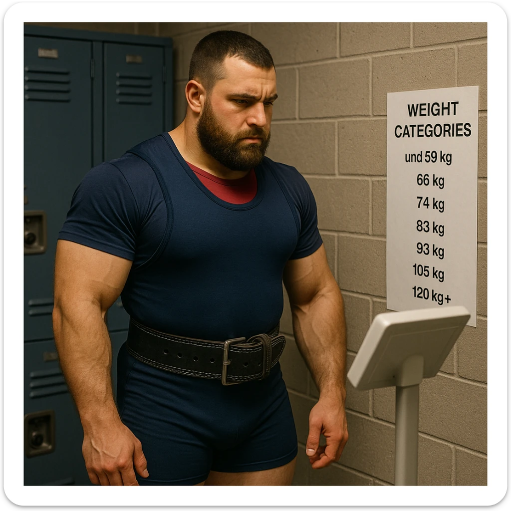 Powerlifter in locker room, looking at a scale and a list of weight categories, focused gaze, sportswear, decision-making atmosphere, realistic details, locker room background sticker