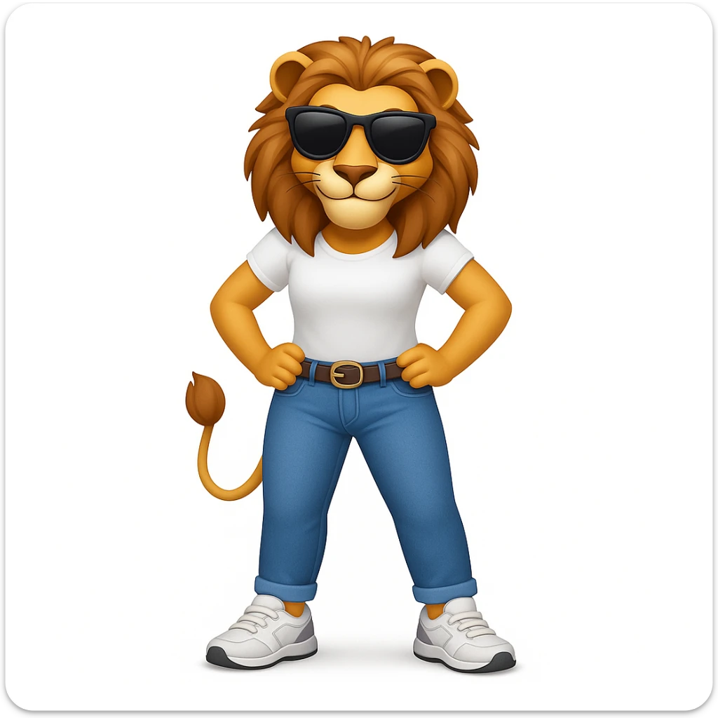 Add trainers (athletic shoes) to the friendly anthropomorphised female lion character, full body, standing confidently with legs shoulder width apart and hands on hips, wearing jeans, a white t-shirt, and dark sunglasses, with a confident smile in Apple emoji style sticker
