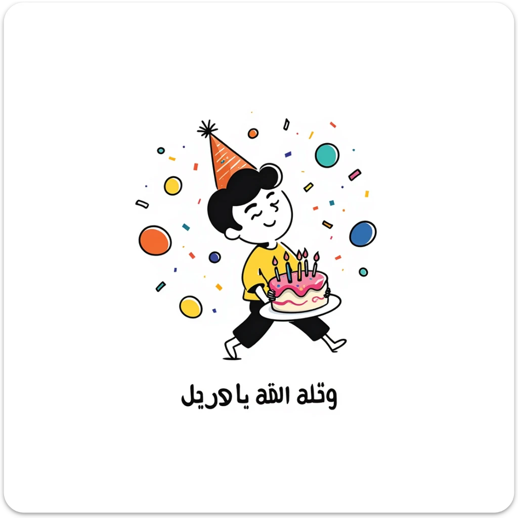 Vibrant, multi-colored illustration of a little boy with a colorful birthday cake, lots of colorful confetti, balloons, and party elements. Below the illustration, in a separate text area, write in very clear, large Persian characters: "امیدرضا جان تولدت مبارک" sticker