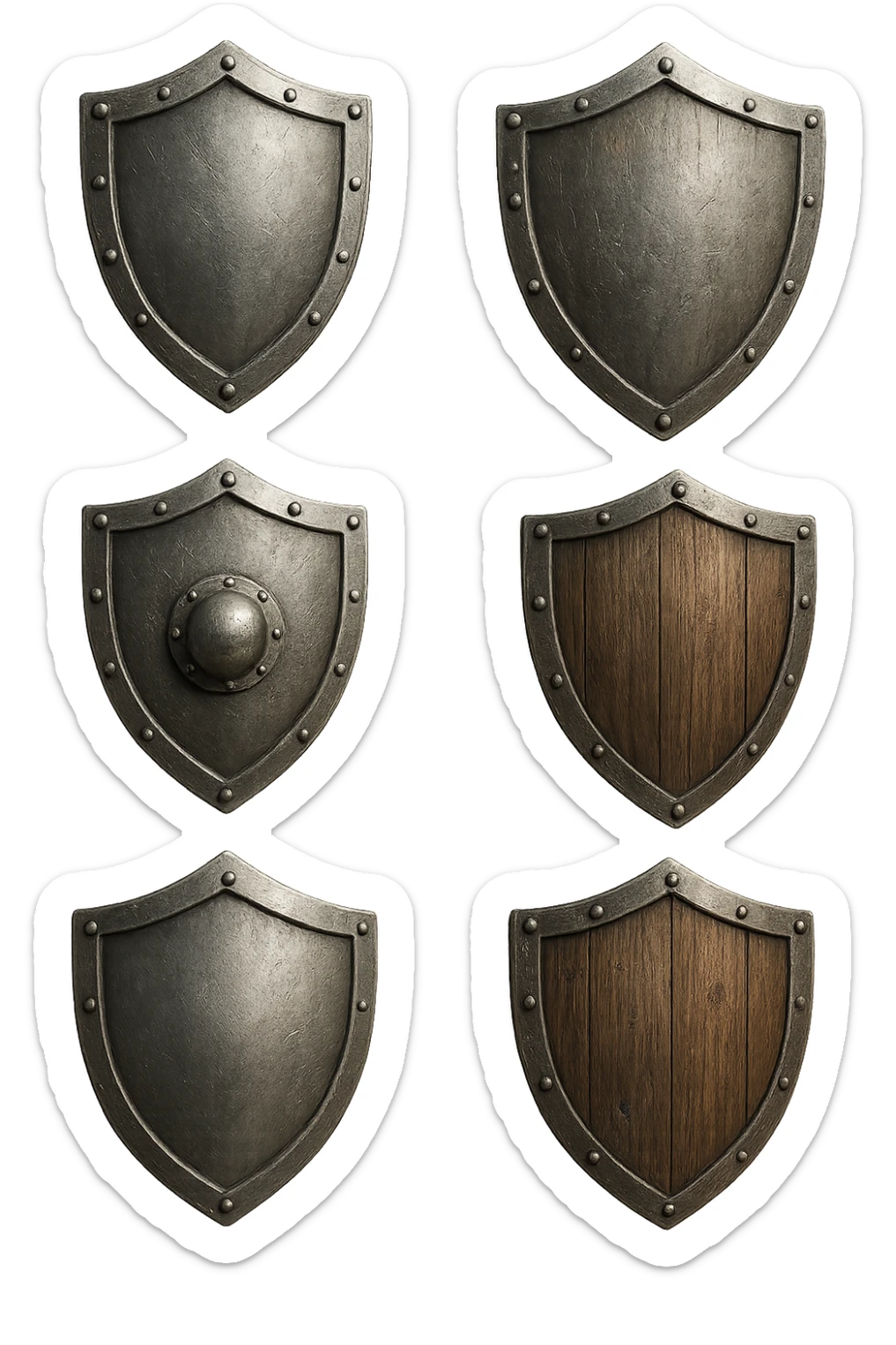 6 scudi che simboleggiano "difesa e protezione", realistici in 3d fluttuano in aria, iperrealistico 4k sticker