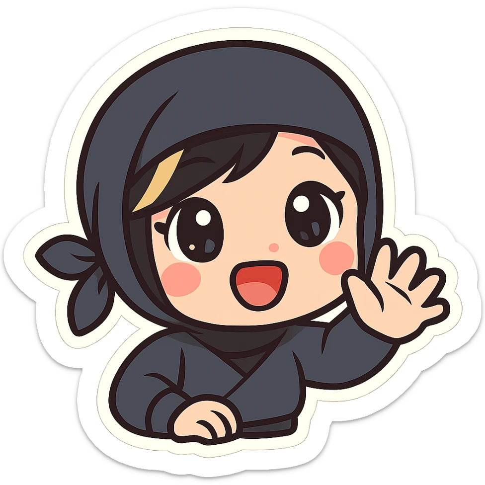 Super cute kawaii chibi style ninja girl with big sparkling eyes, round face, soft colors, playful charm, black short hair with a blonde streak, only head and arms visible, bold outlines, no mask, hand fully raised waving forward toward viewer, smiling, sized for Twitch emoji use. sticker