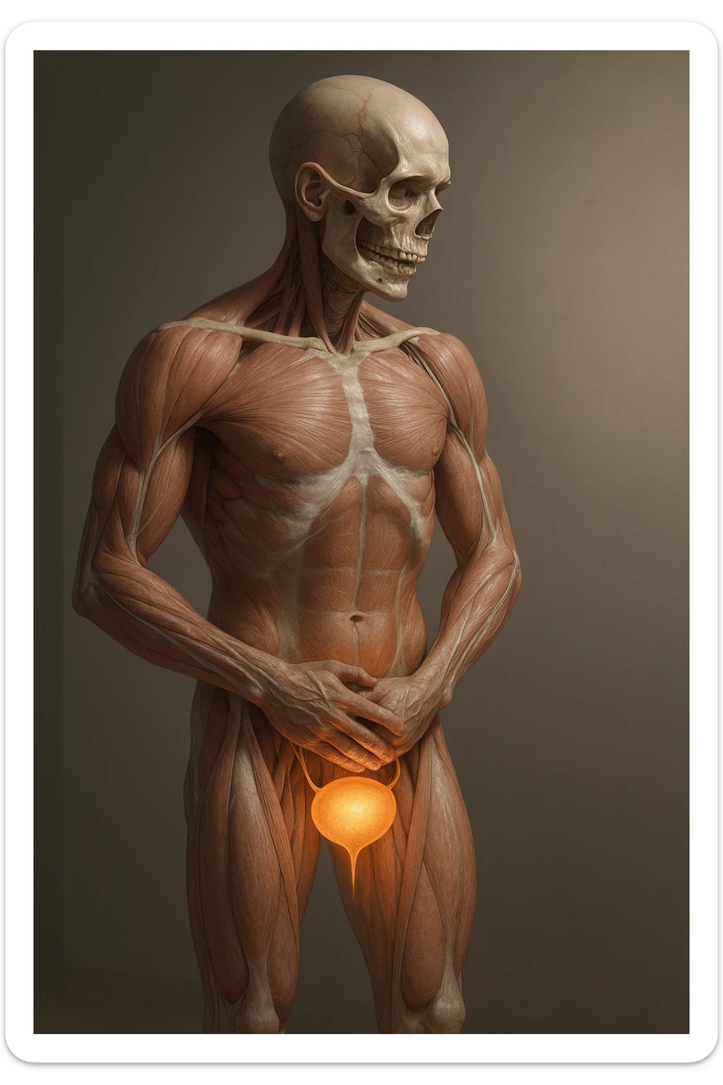 CORPO UMANO ANATOMICO CHE SI SVEGLIA LA NOTTE PER SVUOTARE LA VESCICA, VESCICA ANATOMICA IN EVIDENZA, IPERREALISTICO SFONDO CHIARO NEUTRO sticker