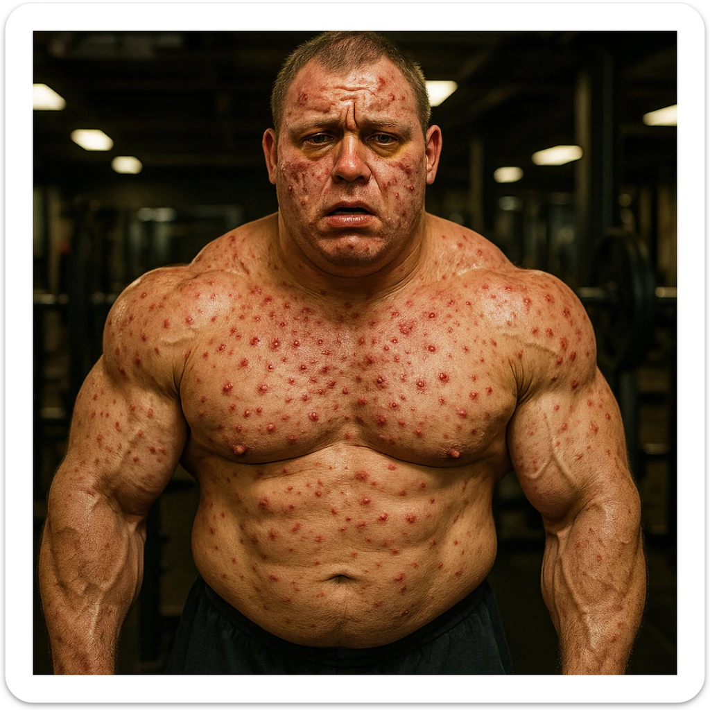 bodybuilder che fa dosaggi a caso di steroidi, e quindi sta male, iper realistica , con tanti effetti collaterali e senza chissà che risultati estetici sticker