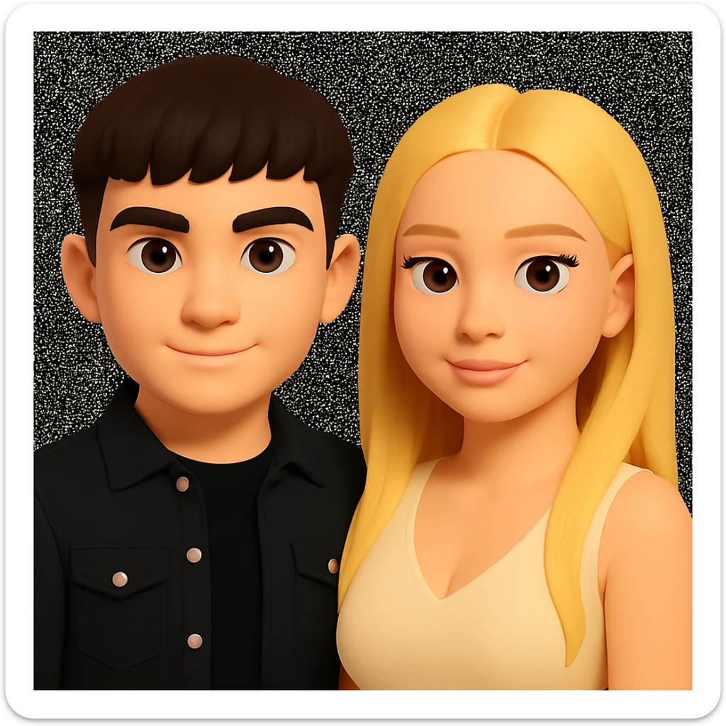 Slightly increase the volume of the upper body of the girl, slightly turn her to face forward, and make the skin color uniform. Maintain the cartoonish 3D style as in the reference image. sticker