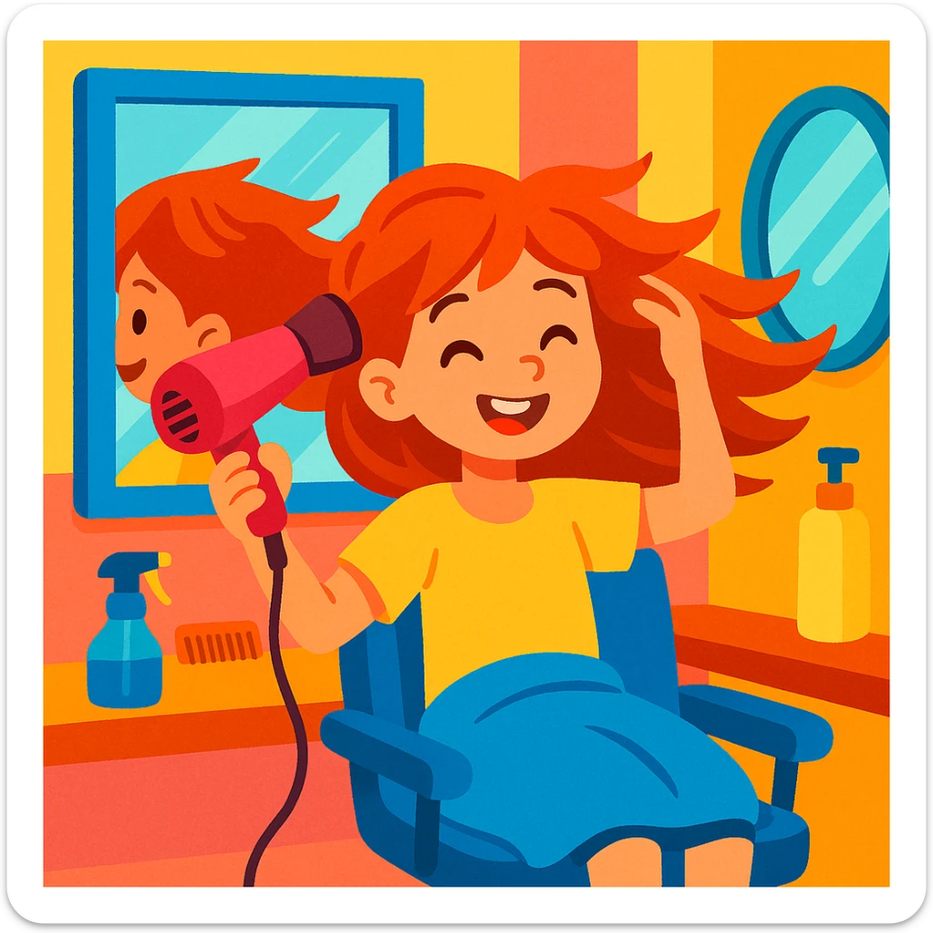 chica en la peluquería secándose el cabello con secador de pelo, espejos, estilo ilustración colorida, ambiente alegre sticker
