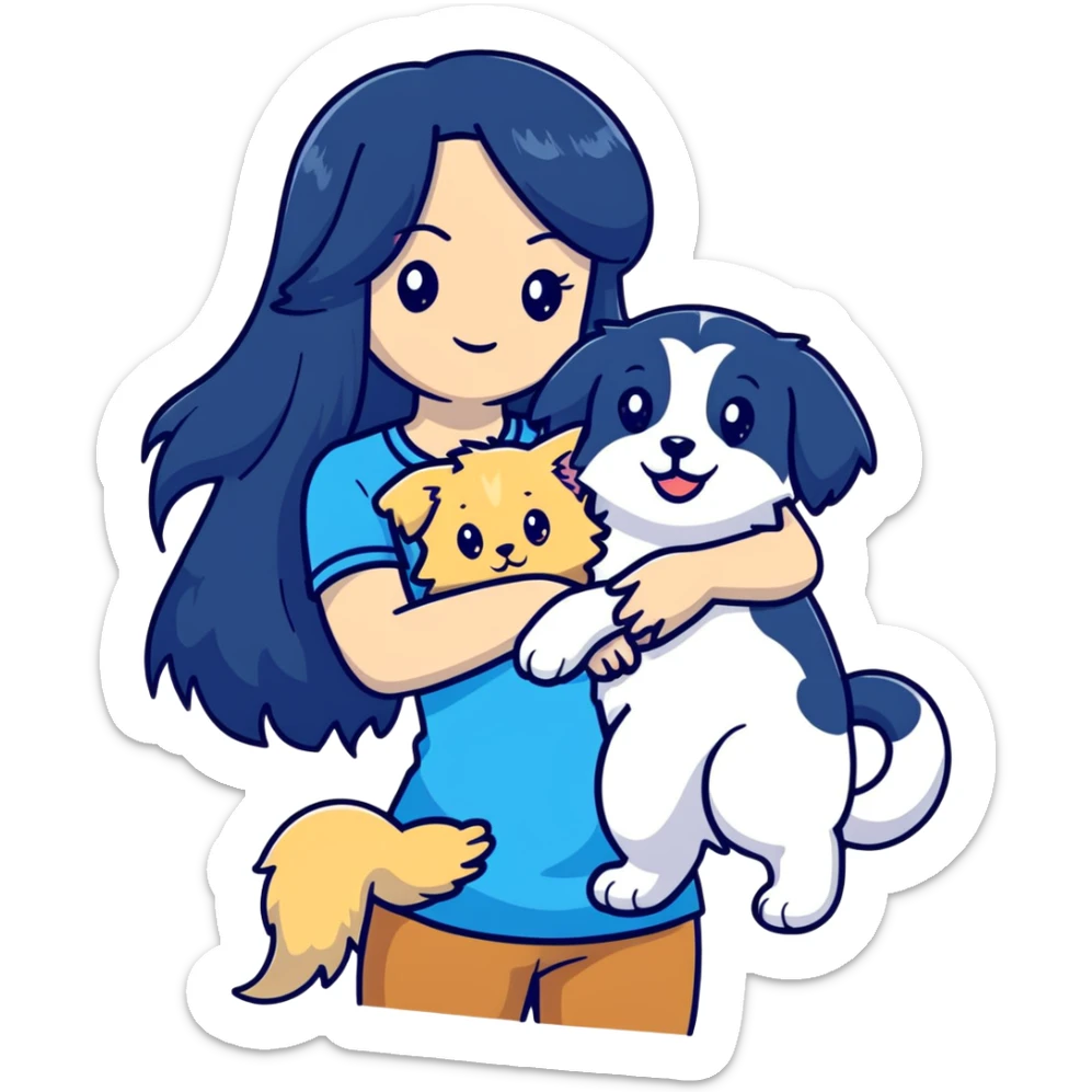 Woman with long black hair holding a blue and white long-haired cat and a golden retriever dog sticker
