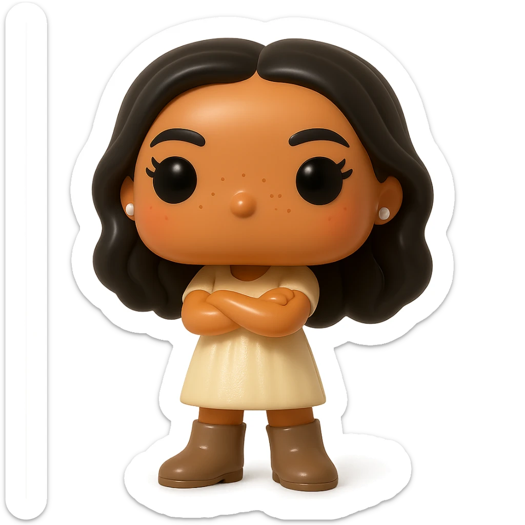 Enhance the vinyl figure in Funko Pop style with superior quality, smooth tanned skin, detailed dark hair, textured feminine cream dress, small pearly earrings, greige leather boots clearly visible, arms crossed, rosy cheeks, very discreet freckles, eyelashes, mischievous and cheerful expression, no mouth, transparent background. sticker