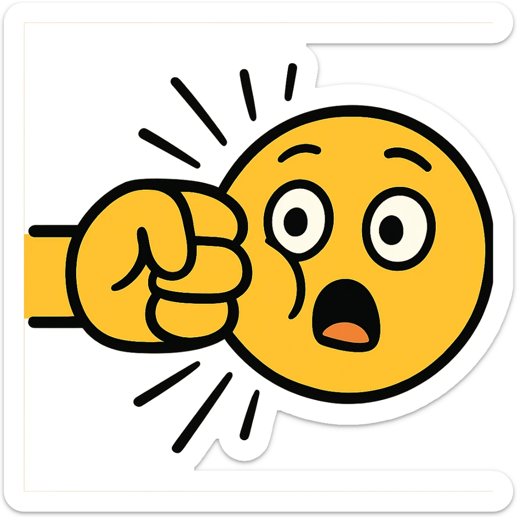 flat-toon style yellow emoji face being punched from the side by a yellow emoji fist, cheek squished, surprised face, comic impact lines, bold outlines, modern emoji look sticker