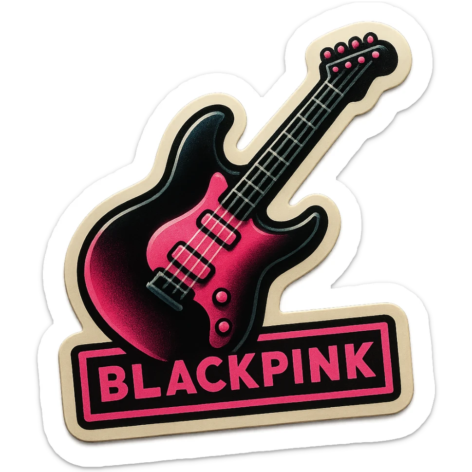 BLACKPINK-inspired retro sticker, black and pink electric guitar, bold and playful, vintage sticker style sticker