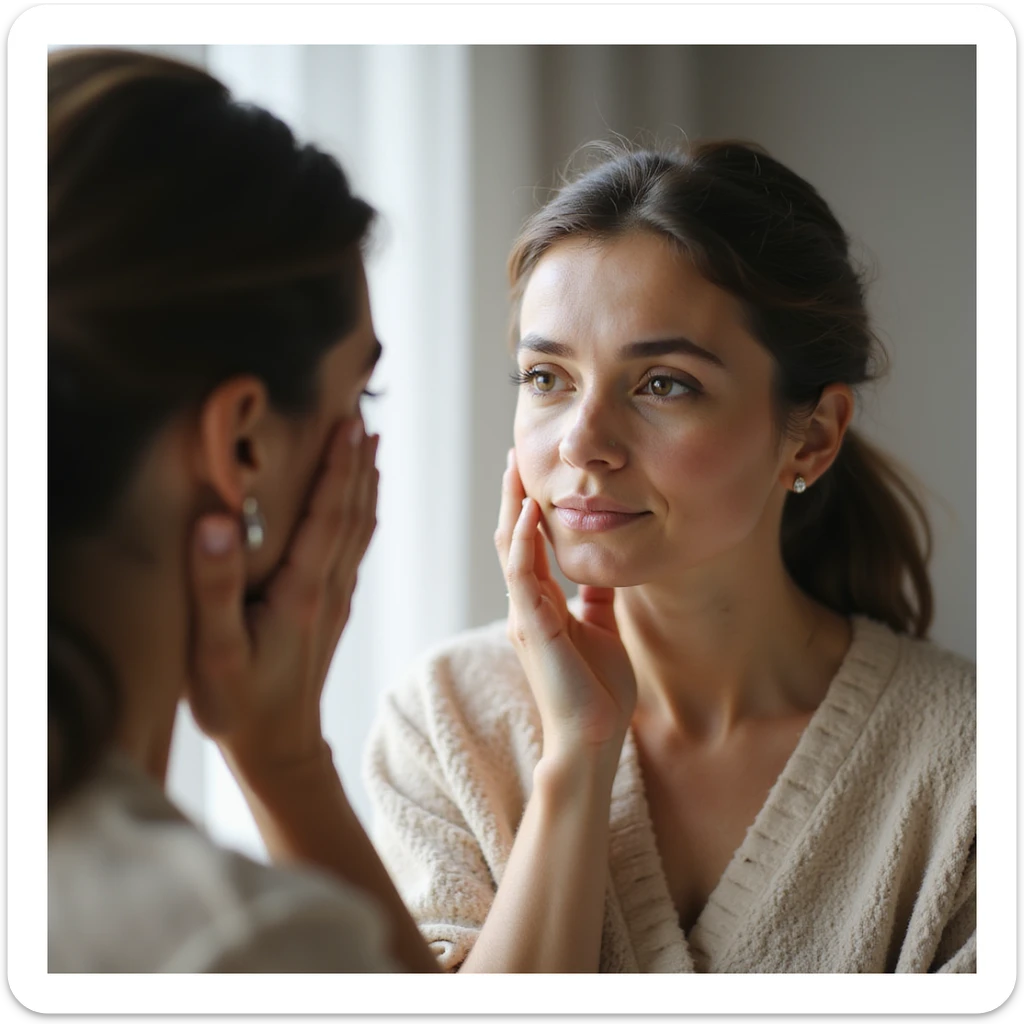 adult woman looking at herself in the mirror and touching her face, expression of self-compassion, realistic style, natural details, bright environment sticker