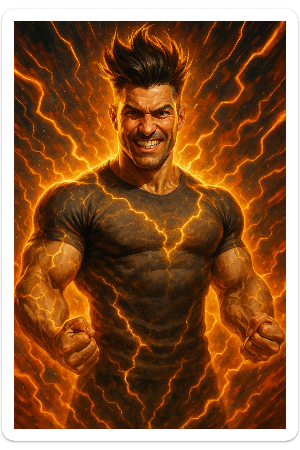 cinematic a man with a chiseled physique and wild, upward hair stands center stage, fists clenched and chest out. A radiant, electric aura envelops him, with energy lines and glowing effects highlighting his strength and masculinity. His face shows determination and pride, and the background features explosive, dynamic patterns. sticker