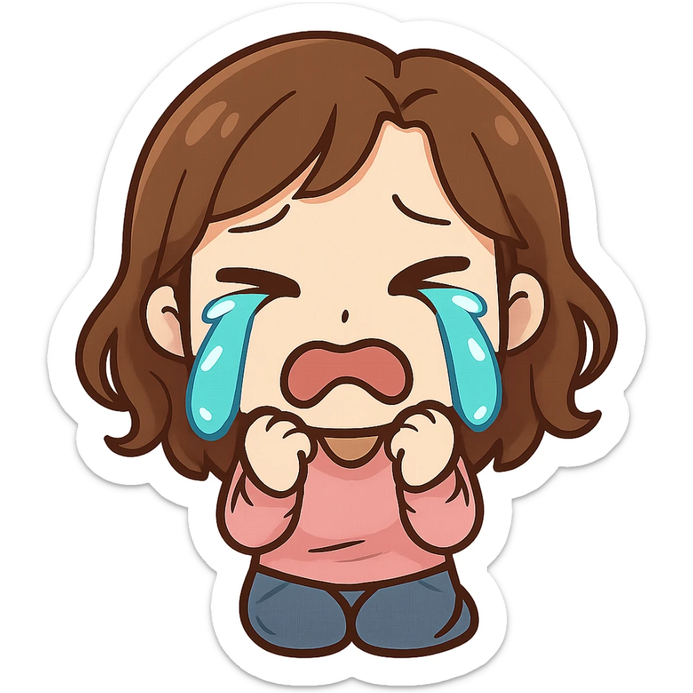 chibi emote of a woman in a pink blouse and jeans, crying with big tears, no headband, no sparkles, no wand, transparent background sticker