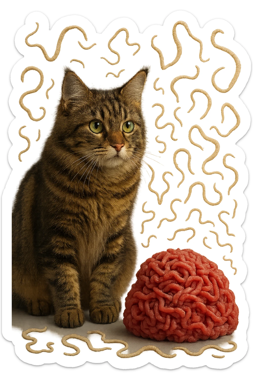 gatto stupendo e macinato di carne poco cotta a montagnetta stanno l'uno accanto all'altro con dei parassiti come la tenia che gli fluttuano intorno, iperrealistica 4k sticker