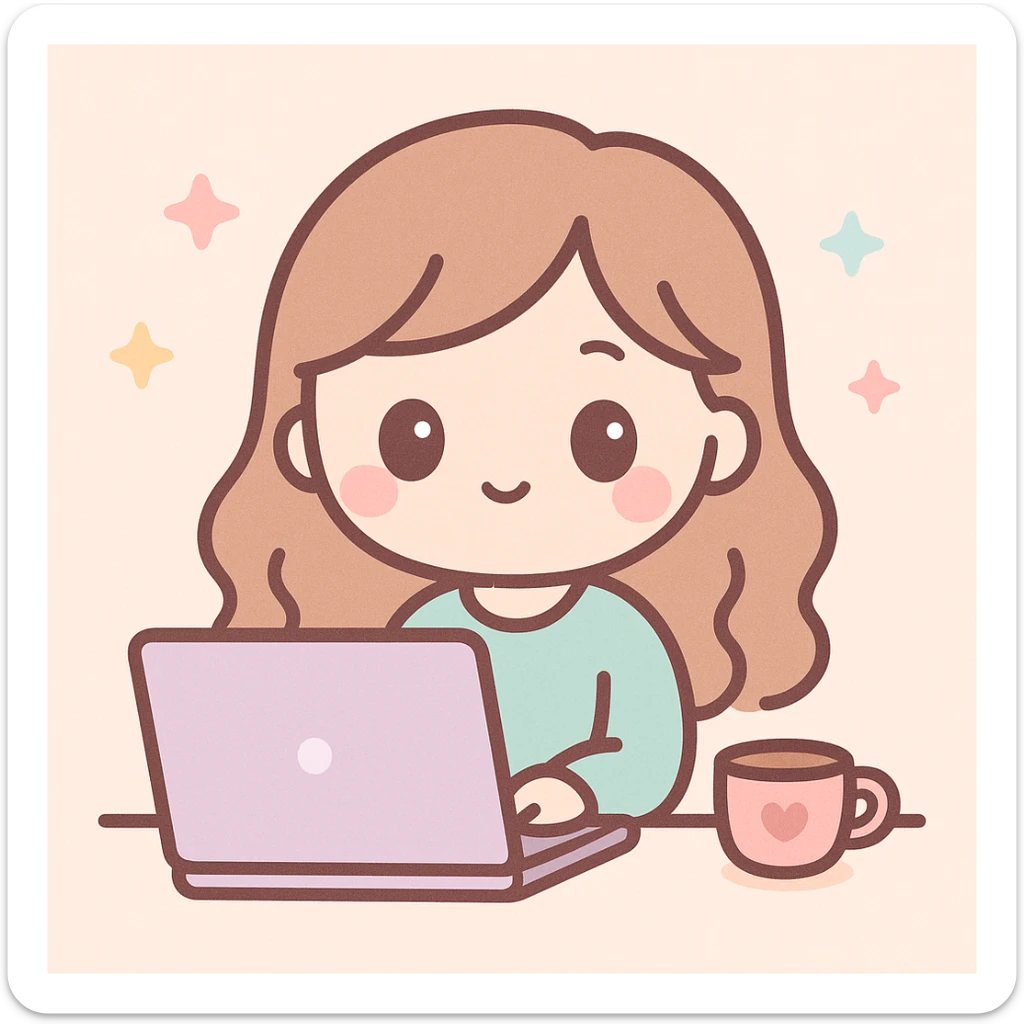 woman working on a laptop with coffee, kawaii cartoon style sticker