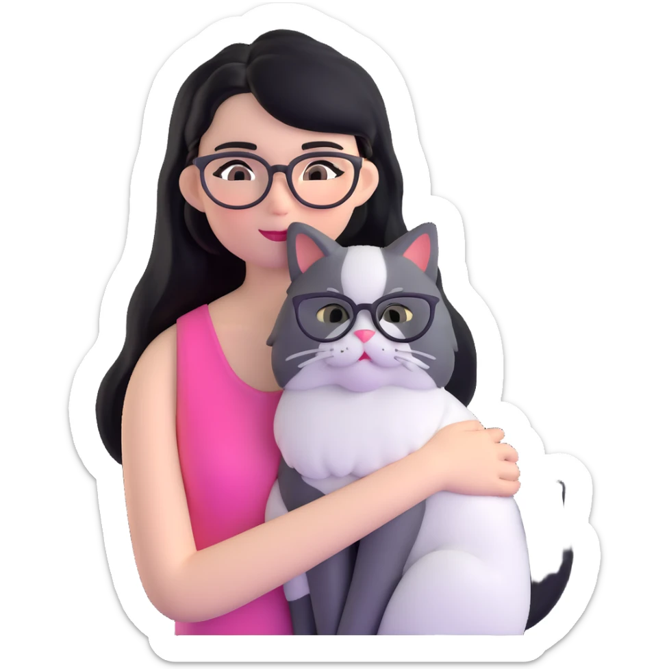 Skinny woman with oval glasses, long straight black hair, pink cheek blush, wearing white sleeveless top, hugging a grey Persian-Angora cat, plain background sticker
