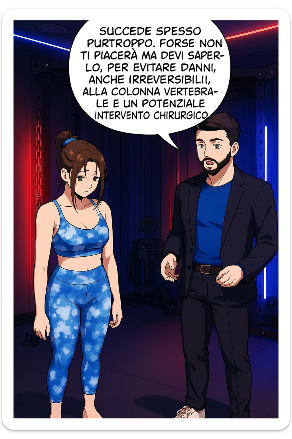 fai questa immagine in versione fumetto/manga/webtoon a colori, il manga mostra l'uomo che risponde alla donne:
Succede spesso purtroppo. 
Forse non ti piacerà ma devi saperlo, per evitare danni, anche irreversibili, alla colonna vertebrale e un potenziale intervento chirurgico. sticker